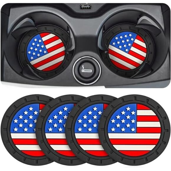 American Flag Car Cup Coasters 4-Pack Cup Holder Anti Slip Rubber Vehicle - Picture 1 of 6